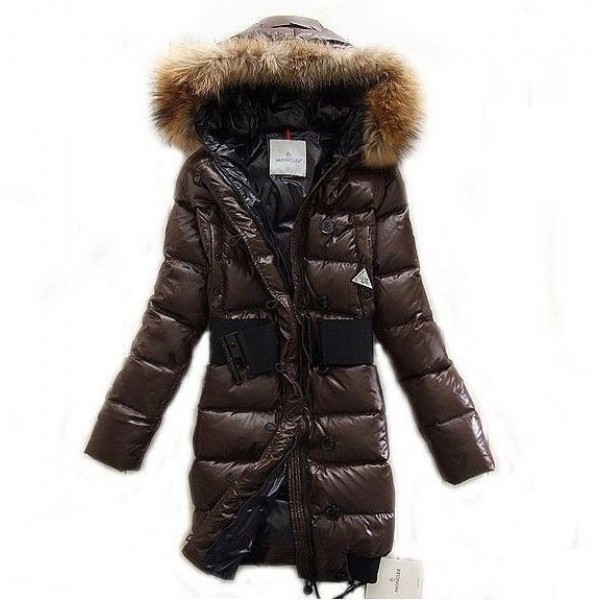 Moncler Fashion Fur Cap e cinturino lunghi castani Cappotti uscita